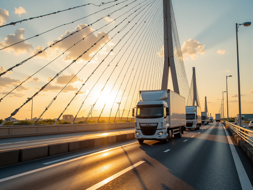 高速公路上行驶的货运卡车,青岛物流公司标识,现代化高速公路背景,蓝天白云