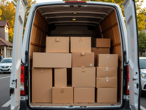 小型配送车辆在城市街道行驶场景,青岛物流公司标识,现代化城市背景,快递员正在配送货物