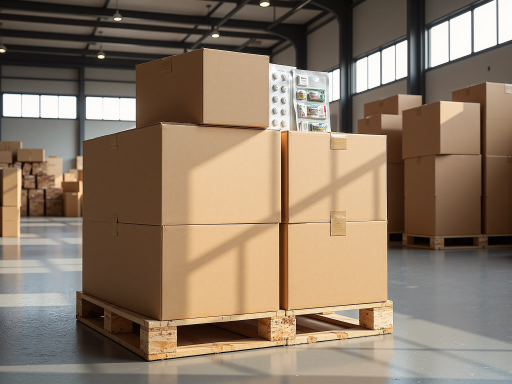 仓库内货物分拣场景,青岛物流公司标识,工作人员正在装卸货物,现代化仓储设施背景