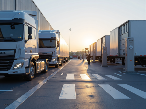 大型货运卡车装载货物场景,青岛物流公司标识,货物整齐摆放,现代化货运码头背景